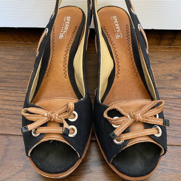 Sperry Wedge Espadrille black leather nautical 9 - Picture 4 of 7